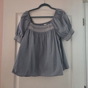 Wonderly Blue Smocked Puff Sleeve Blouse